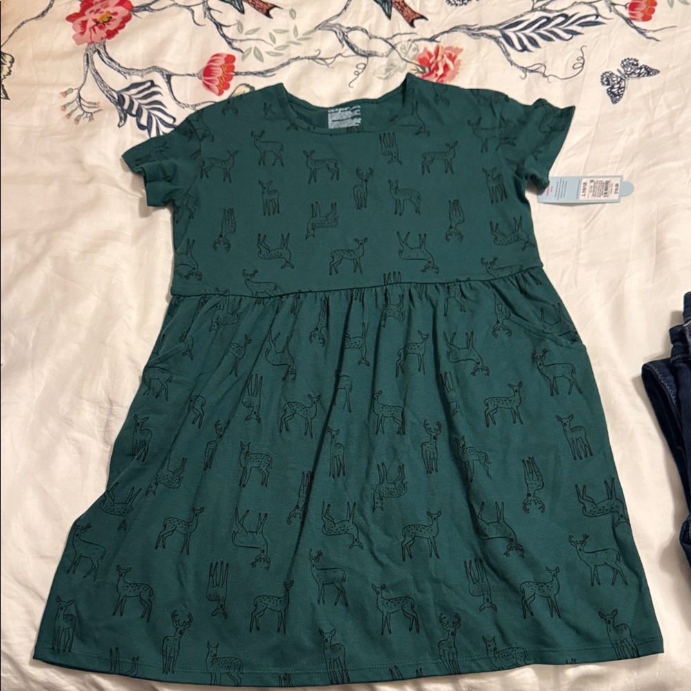 Cat & Jack Forest Green Kids Dress with Animal Pattern